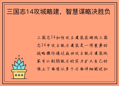 三国志14攻城略建，智慧谋略决胜负